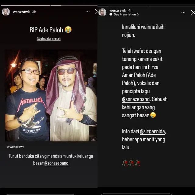 Wendi Putranto memberi penghormatan terakhir kepada vokalis dan penulis lagu band SORE. (Dok. Foto Instagram @wenzrawk)