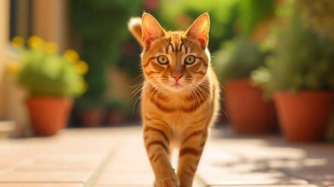 Ilustrasi kucing berjalan di teras rumah