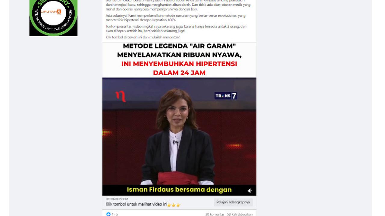 Tangkapan layar klaim video tentang pengobatan hipertensi dengan air garam.