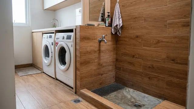 Model Tempat Wudhu dengan Keramik Motif Kayu/AI Generated