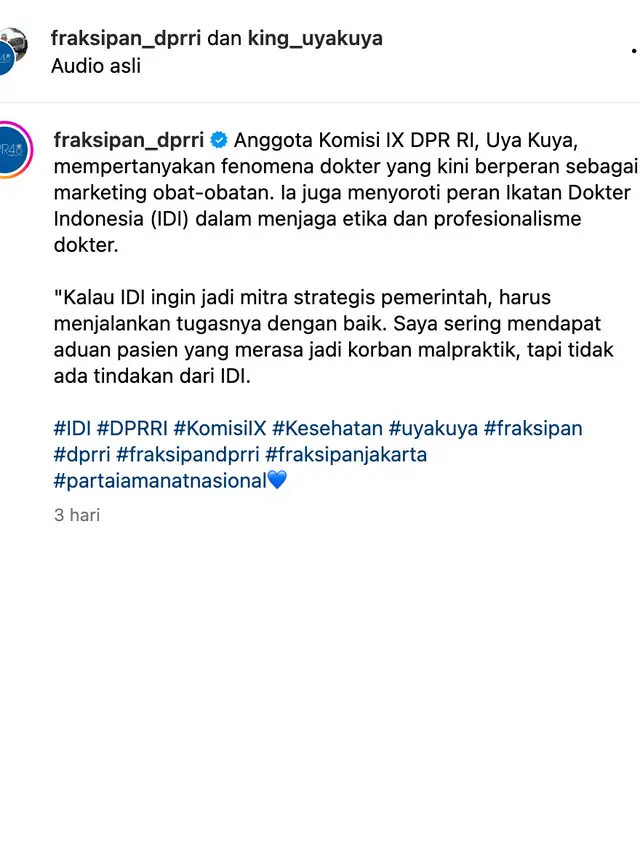 Unggahan Uya Kuya. (Foto: Dok. Instagram @fraksipan_dprri)