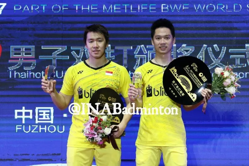 Sebelum meraih gelar juara Hong Kong Terbuka Super Series 2017, Kevin Sanjaya Sukamuljo / Marcus Fernaldi Gideon menjadi kampiun di Tiongkok Terbuka Super Series Premier 2017. (Humas PP PBSI)