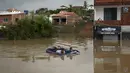 Dua pria menggunakan kasur tiup untuk mengarungi banjir akibat hujan deras di Itapetinga, Negara Bagian Bahia, Brasil, 26 Desember 2021. Gubernur Bahia Rui Costa mengungkapkan pihaknya tengah berupaya membantu proses evakuasi warga terdampak banjir dan mendistribusikan bantuan. (Manuella LUANA/AFP)