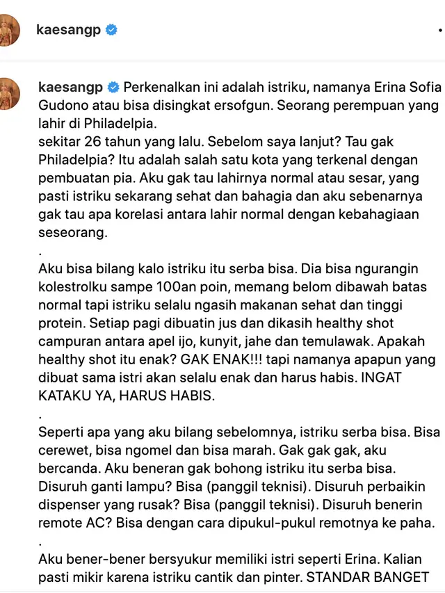 Unggahan Kaesang Pangarep soal Erina Gudono. (Foto: Dok. Instagram @kaesangp)