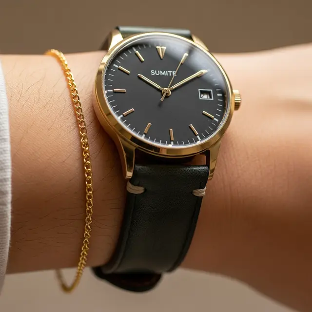 Kombinasi Gelang Emas Tipis dan Jam Tangan Klasik