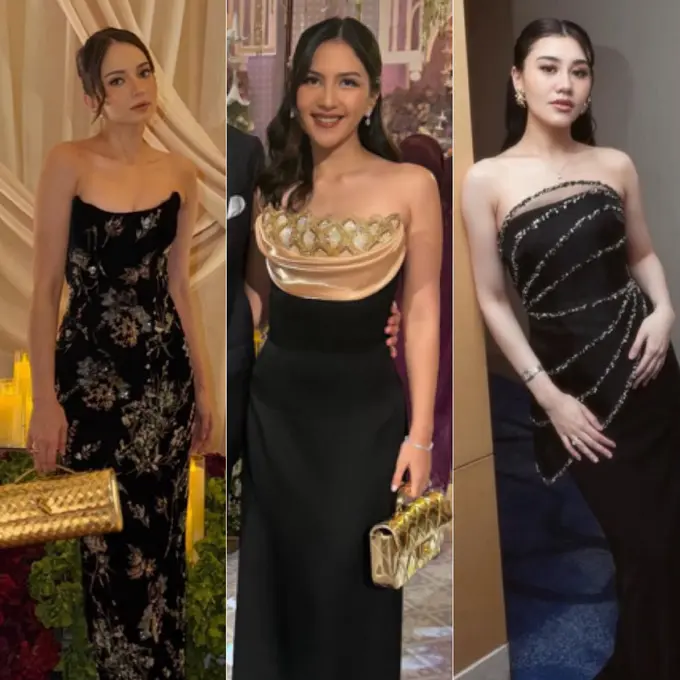 Tampilan Stand Out Glamor para artis Kenakan Gaun Strapless Hitam saat Kondangan.  Dok. Instagram