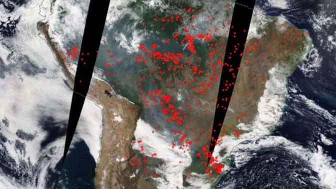 Kebakaran hutan Amazon tertangkap kamera satelit NASA dari antariksa. (NASA)