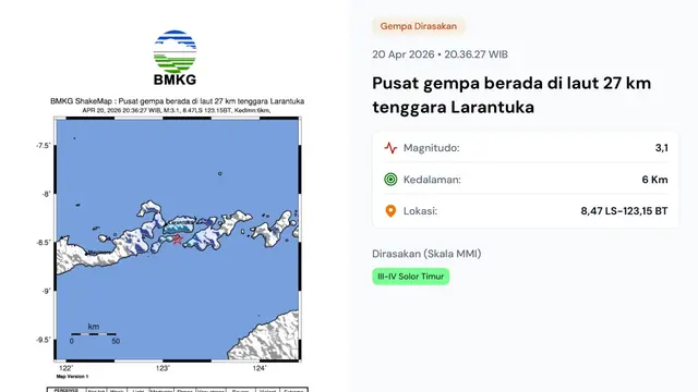 Gempa hari ini, Senin (20/4/2026) pukul 20:36:27 WIB membuat wilayah Larantuka, Provinsi Nusa Tenggara Timur (NTT) bergetar.