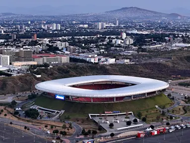 Foto udara yang menunjukkan Stadion atau Estadio Akron di Zapopan, negara bagian Jalisco, Meksiko, pada 5 Januari 2025, yang akan menjadi salah satu tempat penyelenggaraan Piala Dunia FIFA 2026. (Ulises Ruiz/AFP)