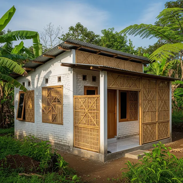 9 Desain Rumah Kampung dengan Kombinasi Tembok dan Anyaman Bambu Modern, Hunian Estetis