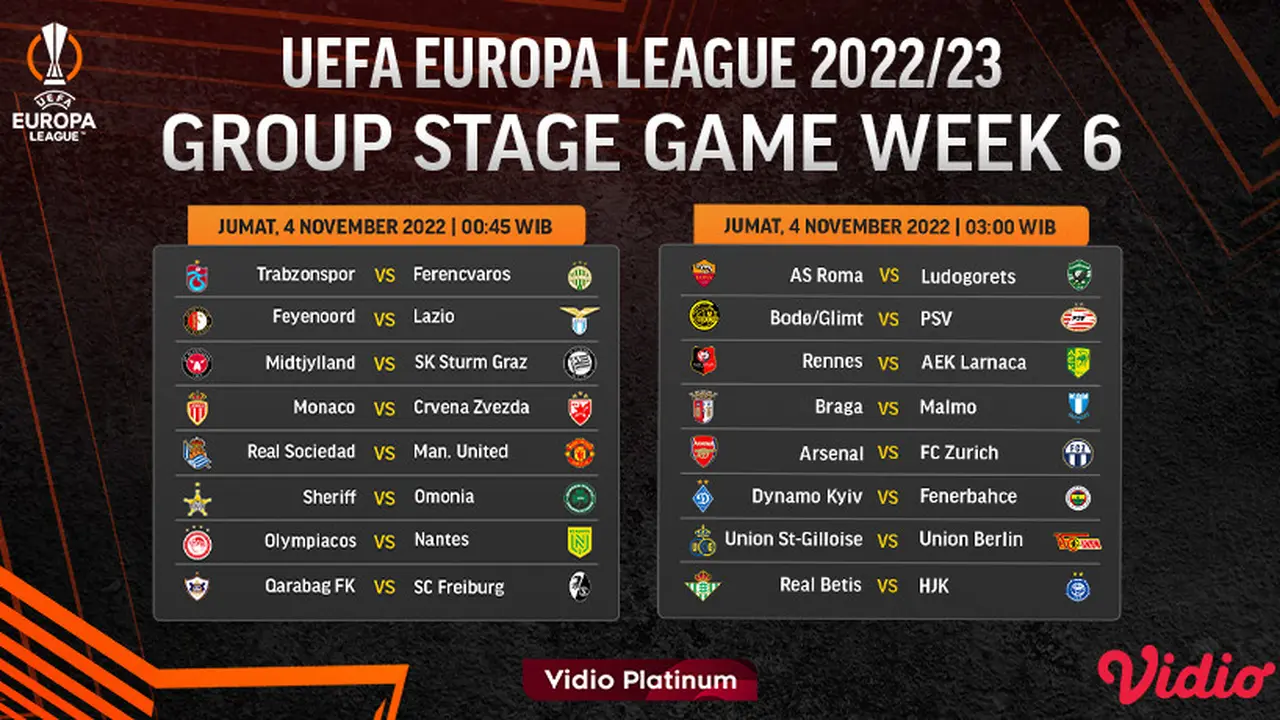 Link Live Streaming Liga Europa 2022/23 Week 6 di Vidio, Jumat, 4 November 2022