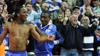 Chelsea's Didier Drogba celebrates with Salomon Kalou after scoring the winning goal against Arsenal during the F.A Cup Semi-Final match at Wembley Stadium in London on April 18, 2009. Chelsea won 2-1. AFP PHOTO/Adrian Dennis