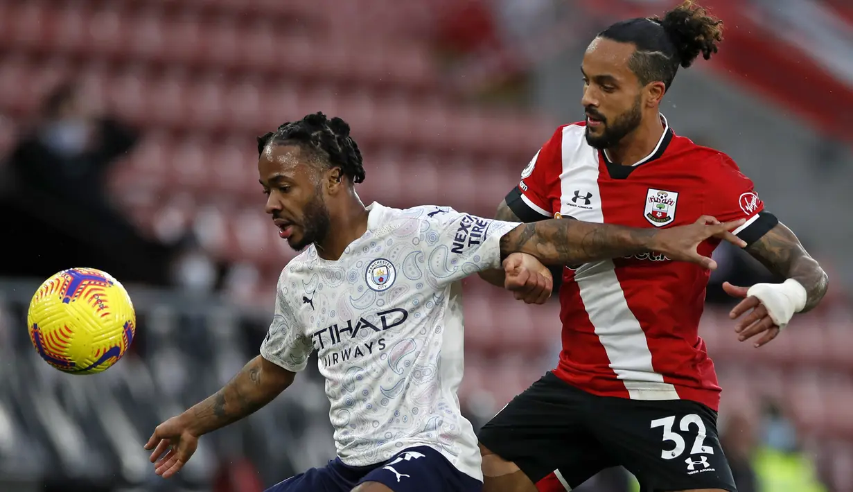 Gelandang Manchester City, Raheem Sterling (kiri), dibayangi gelandang Southampton, Theo Walcott, dalam laga lanjutan Liga Inggris pekan ke-14 di St. Mary's Stadium, Southampton, Sabtu (19/12/2020). Manchester City menang 1-0 atas Southampton. (AFP/Paul Childs/Pool)