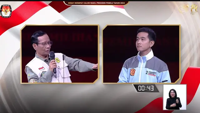 Cawapres RI Mahfud MD dan Gibran Rakabuming Raka saling berdebat.
