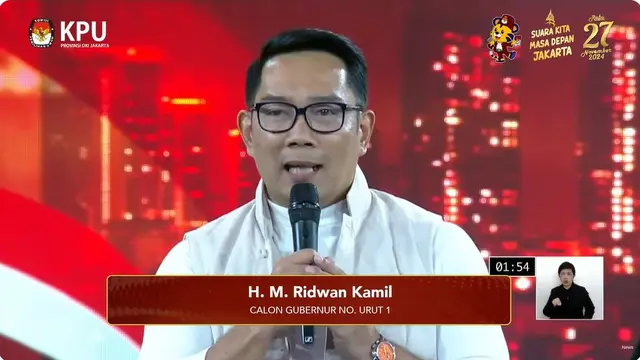 Cagub Jakarta nomor urut 1 Ridwan Kamil dalam debat perdana Pilkada Jakarta 2024, Minggu (6/10/2024) di JIExpo Kemayoran, Jakarta Pusat.