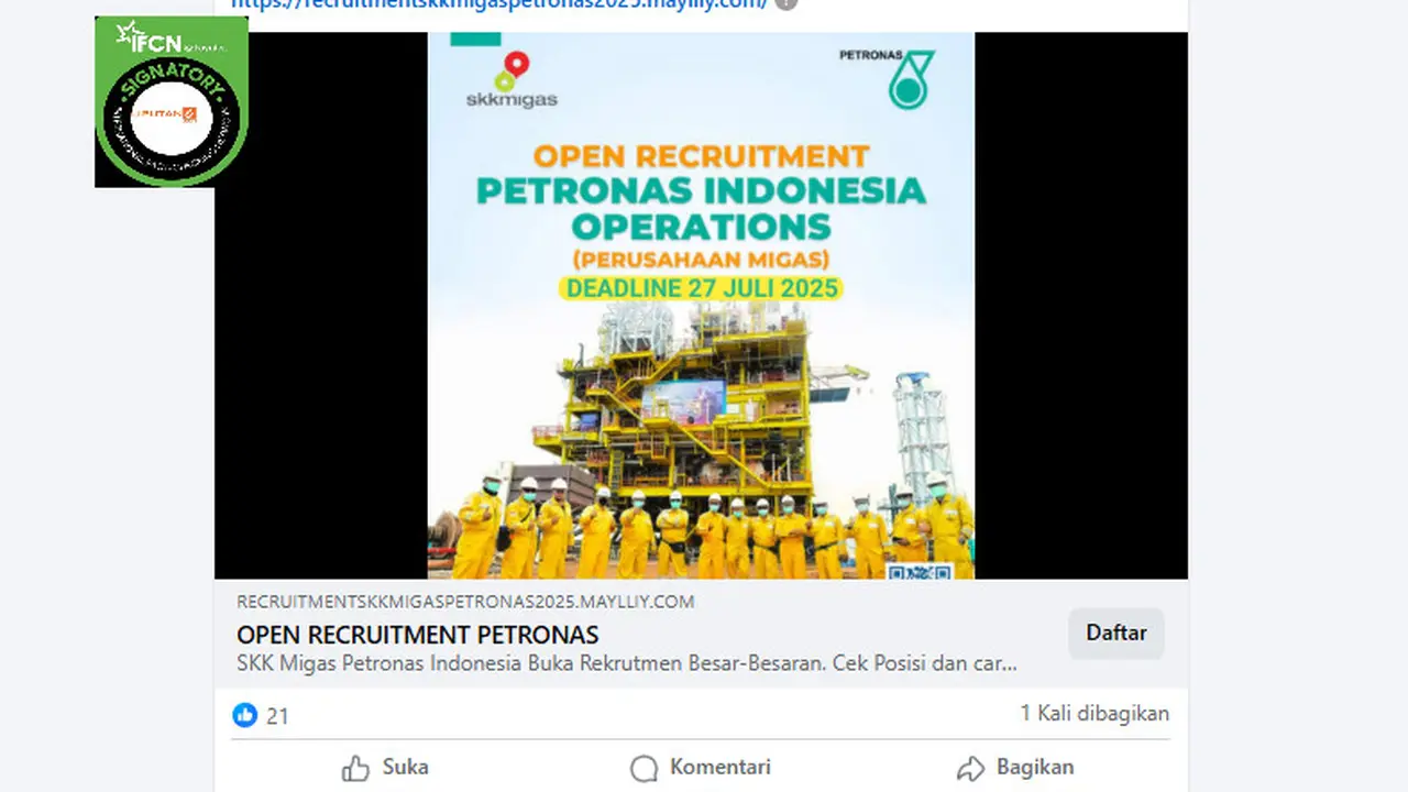 Tangkapan layar klaim link pendaftaran rekrutmen SKK Migas dan Petronas Indonesia