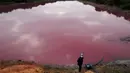 Seorang pekerja berdiri dekat pompa saat mengambil air untuk pengujian dari Cerro Lagoon yang berwarna merah muda dan berbau busuk di Limpio, Paraguay, 2 September 2020. Pencemaran air terjadi akibat limbah yang diduga berasal dari perusahaan penyamakan kulit Waltrading SA. (AP Photo/Jorge Saenz)