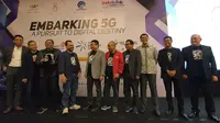 Para pembicara di IndoTelko Forum 2019 dengan tema Embarking 5G yang digelar di Balai Kartini, Jakarta, Kamis (27/11/2019). (Liputan6.com/ Agustin Setyo W).