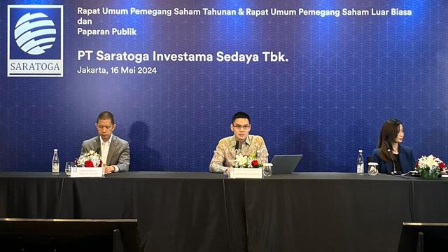 PT Saratoga Investama Sedaya Tbk (SRTG) menggelar  Rapat Umum Pemegang Saham Tahunan (RUPST) hari ini, Kamis 16 Mei 2024. (Pipit/Liputan6.com)