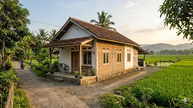 Contoh Rumah Sederhana di Desa Dekat Persawahan dan Jalan Desa