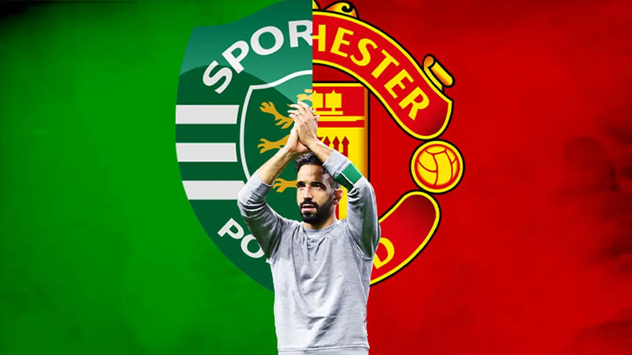 Ilustrasi - Ruben Amorim, Logo Sporting CP dan MU