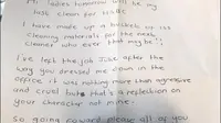 Surat yang ditulis Julie, seorang petugas kebersihan, sehari sebelum mengundurkan diri dari pekerjaannya. (dok. Twitter @joecousins89/https://twitter.com/joecousins89/status/1388239555472597005/photo/1/Dinny Mutiah)