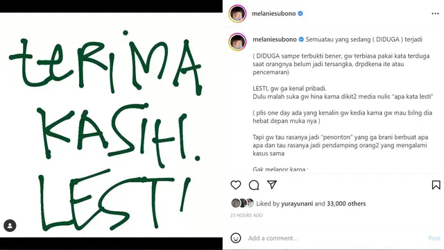 Ucapan Terima Kasih Melanie Subono kepada Lesti Kejora