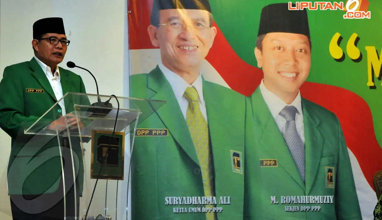 Emron Pangkapi berpidato saat Suryadharma Ali belum dipecat dari Ketum PPP (Liputan6.com/Johan Tallo)