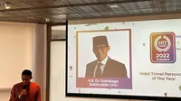 Menparekraf Sandiaga Uno dinobatkan sebagai Halal Travel Personality of The Year 2022 dari CrescentRating. Penghargaan diterima di Singapura, Rabu (1/6/2022).