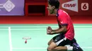 Pebulutangkis Tunggal Putra Indonesia, Chico Aura Dwi Wardoyo meluapkan kegembiraan usai mengalahkan Brian Yang (Kanada) di babak Perempat Final Indonesia Masters 2023 di Istora Senayan, Jakarta, Jumat (27/1/2023). Chico unggul dua set langsung 21-16, 21-16 sekaligus memastikan satu tempat di babak Semifinal Indonesia Masters 2023. (Liputan6.com/Helmi Fithriansyah)