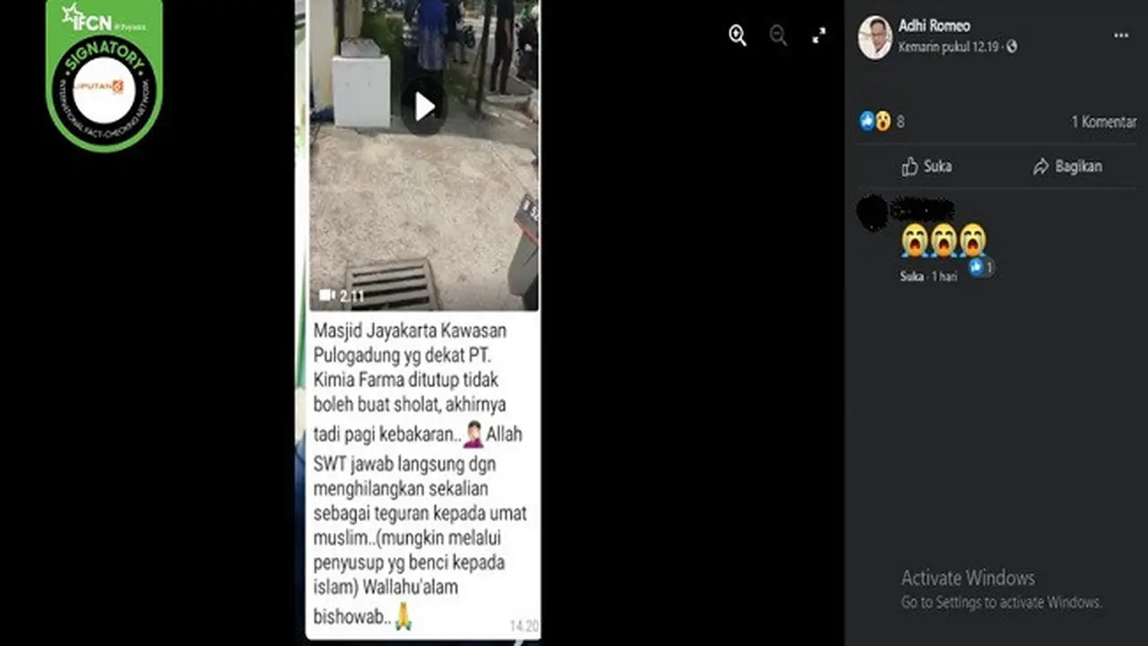 Gambar Tangkapan Layar Kabar Masjid Jayakarta Dibakar Penyusup (sumber: Facebook).