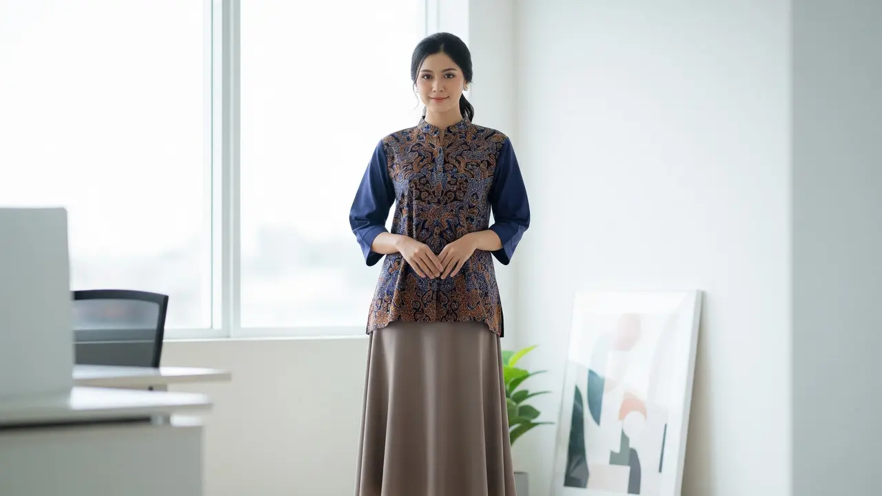 Kemeja Batik Wanita Kerah Shanghai Model Loose Fit untuk Kerja Casual