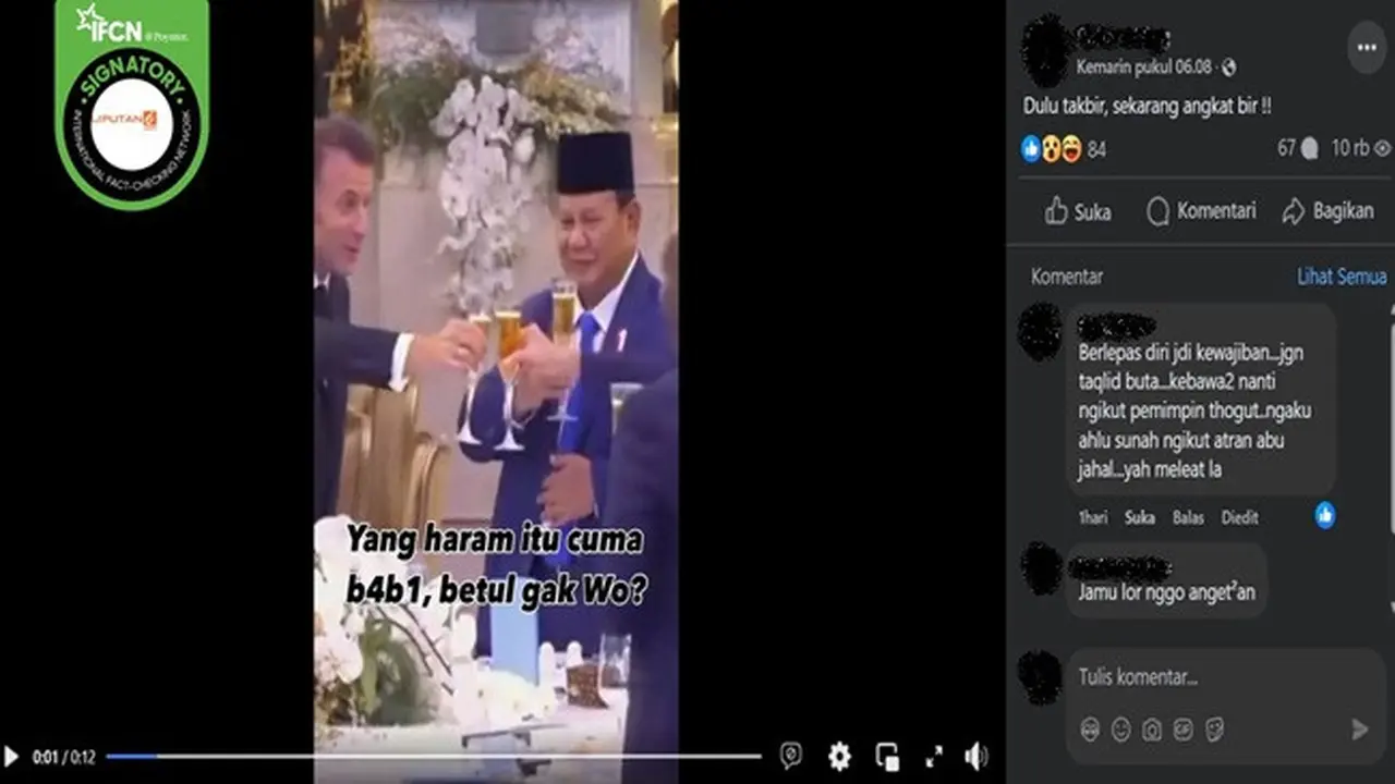 Gambar tangkapan layar kabar tentang Presiden Prabowo Subianto meminum bir saat menjamu Presiden Prancis Emmanuel Macron di Istana Kepresidenan. (sumber: Facebook)