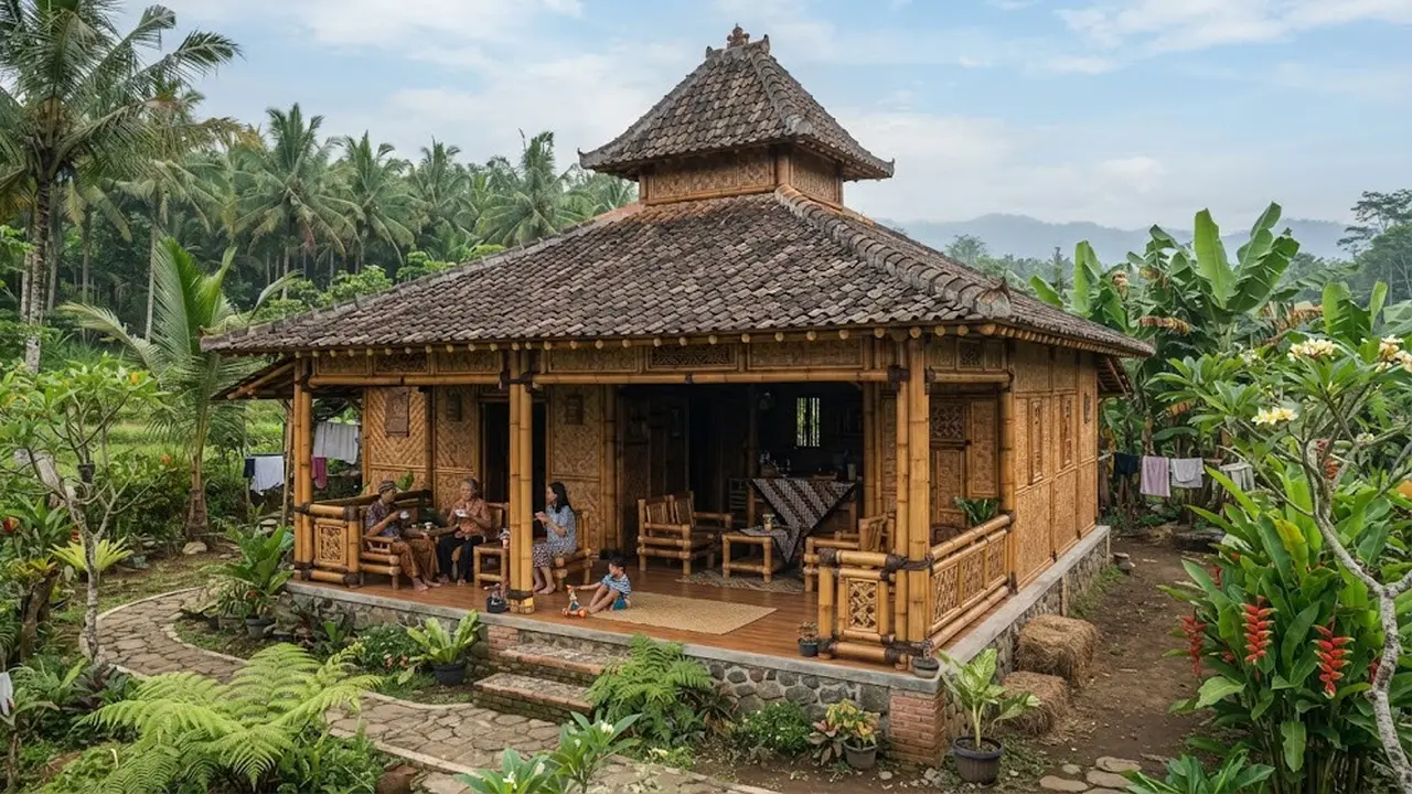 Rumah bambu sederhana tapi tidak ketinggalan zaman model gaya joglo Jawa
