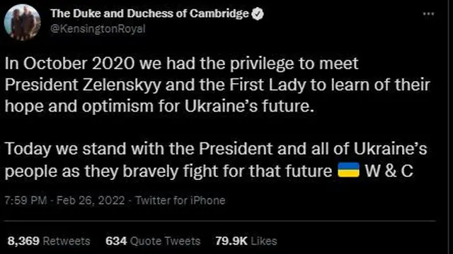 Unggahan Pangeran William dan Kate Middleton  mengenai invasi Rusia terhadap Ukraina. (Twitter/ KensingtonRoyal)