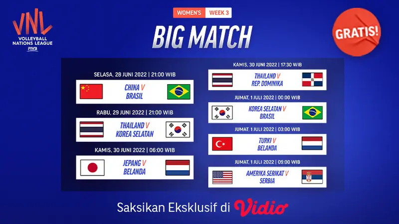 Nonton Link Streaming Big Match Women’s Volleyball Nations League 2022 Live Vidio 29-30 Juni