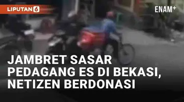 Media sosial dibuat geram oleh aksi jambret di Kota Bekasi, Jawa Barat. Aksi pelaku terekam kamera CCTV saat menjambret korban seorang penjual es keliling. Pelaku bermotor merampas tas korban yang bersepeda dari arah berlawanan di Jl. Teuku Umar, Raw...