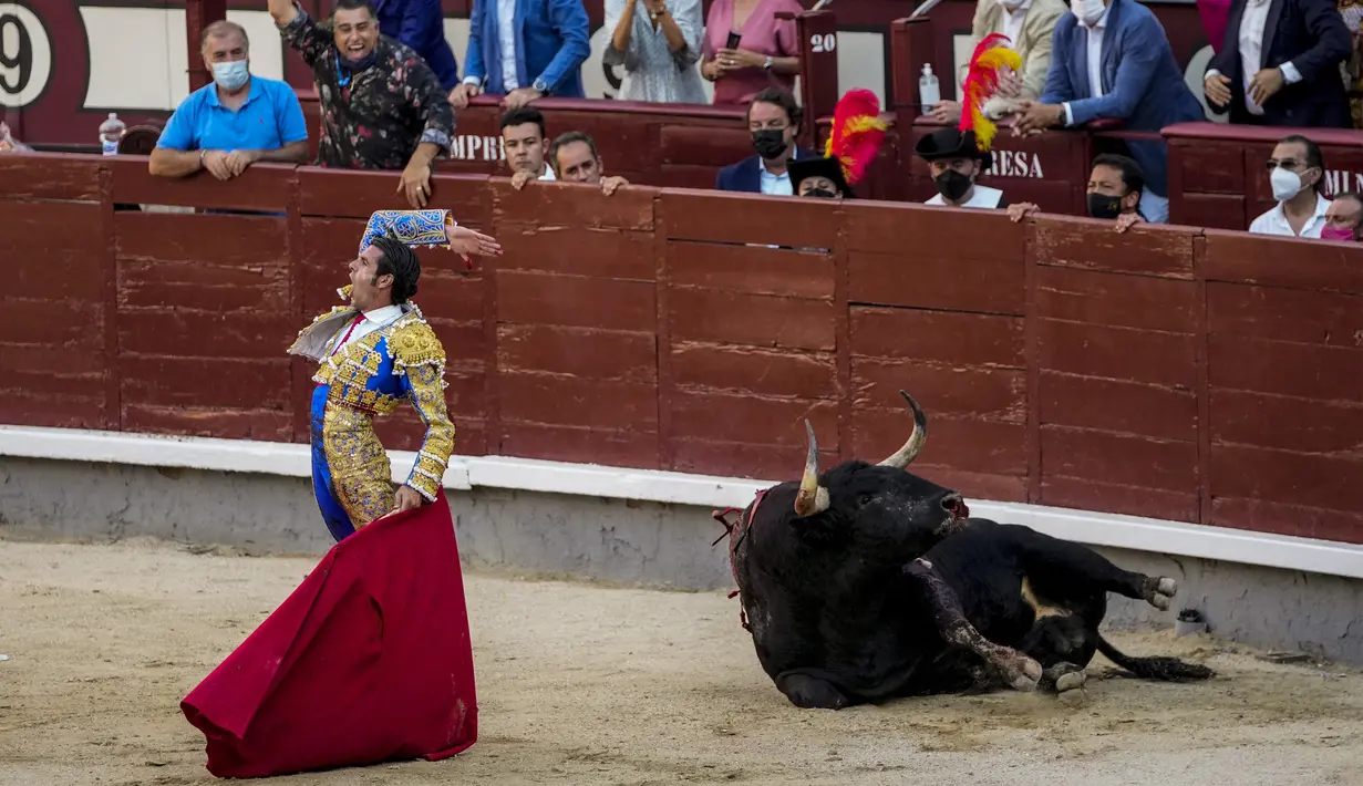 Matador Spanyol Emilio de Justo membunuh seekor banteng dengan pedang saat adu banteng di arena adu banteng Las Ventas, Madrid, Spanyol, Minggu (4/7/2021). Adu banteng ini berlangsung di tengah pandemi virus corona COVID-19. (AP Photo/Manu Fernandez)