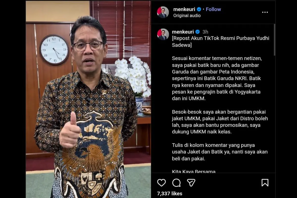 Menteri Keuangan Purbaya Yudhi Sadewa memamerkan sebuah kemeja batik baru. (Foto: instagram menkeuri)