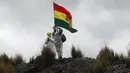 Petugas kesehatan APD lengkap mengibarkan bendera Bolivia saat dua kondor Andes dilepaskan ke alam liar di pinggiran Choquekhota, Bolivia, Selasa (23/2/2021). Dua burung kondor Bolivia yang terancam punah dilepaskan setelah pulih akibat terjatuh pada Februari. (AP Photo/Juan Karita)