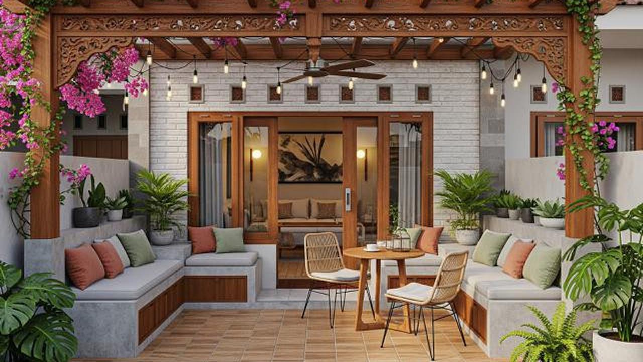 Teras Multifungsi dengan Pergola dan Built-in Seating/Desain Rumah Kecil tapi Punya Teras Lega yang Cozy untuk Santai (Sumber: gemini.com)