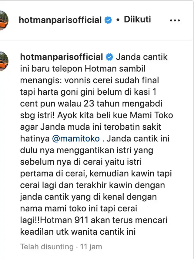 Unggahan Hotman Paris soal Desiree Tarigan. (Foto: Dok. Instagram @hotmanparisofficial)