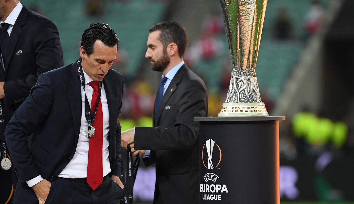Unai Emery hampir meraih gelar Liga Europa keempatnya saat bersama Arsenal pada musim 2018/2019. Dalam partai final yang digelar di Baku Olympic Stadium, Azerbaijan, 29 Mei 2019, Arsenal kalah dari Chelsea 1-4. (AFP/Kirill Kudryavtsev)