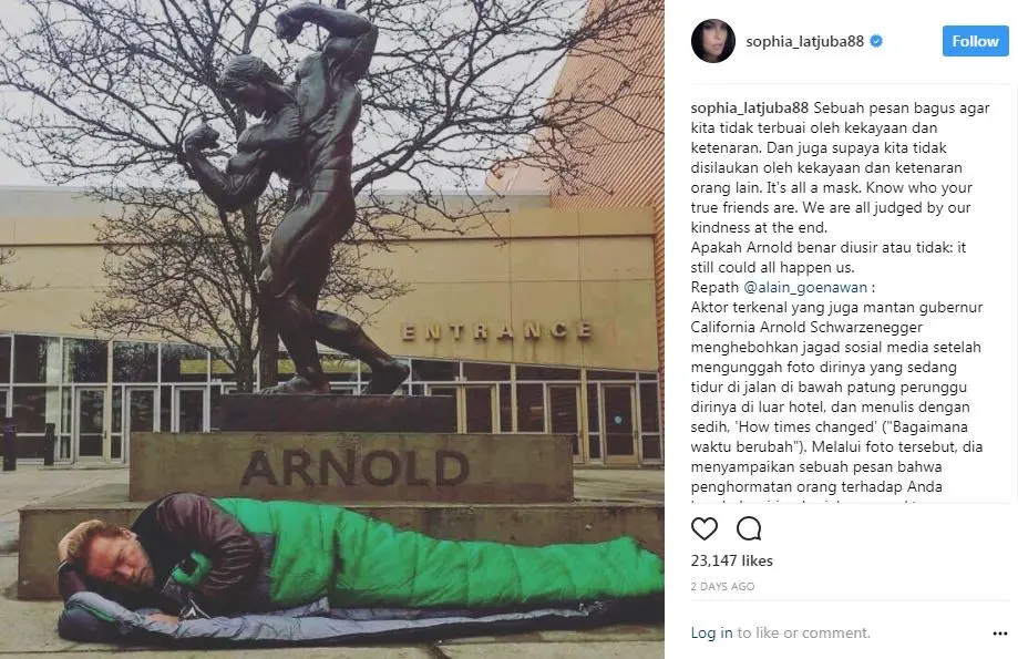 Sophia Latjuba melihat makna lain dari  foto Arnold Schwarzenegger tidur di jalan (Instagram/@sophia_latjuba88)