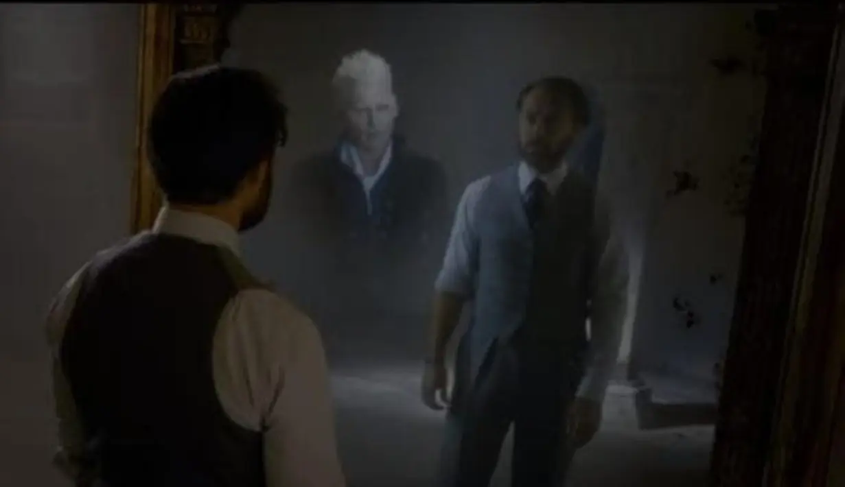 Dumbledore bicara pada cerminnya, "aku tak bisa melawat Grindlewald. Itu harus kamu." (Youtube)