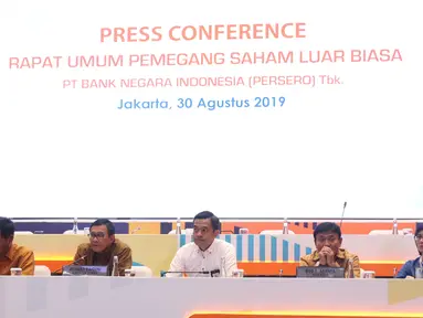 Suasana Rapat Umum Pemegang Saham Luar Biasa (RUPSLB) BNI di Jakarta, Jumat (30/8/2019). Rapat tersebut membahas dua agenda yaitu Evaluasi/ Pemaparan Kinerja Perseroan sampai dengan Semester I Tahun 2019. (Liputan6.com/Angga Yuniar)