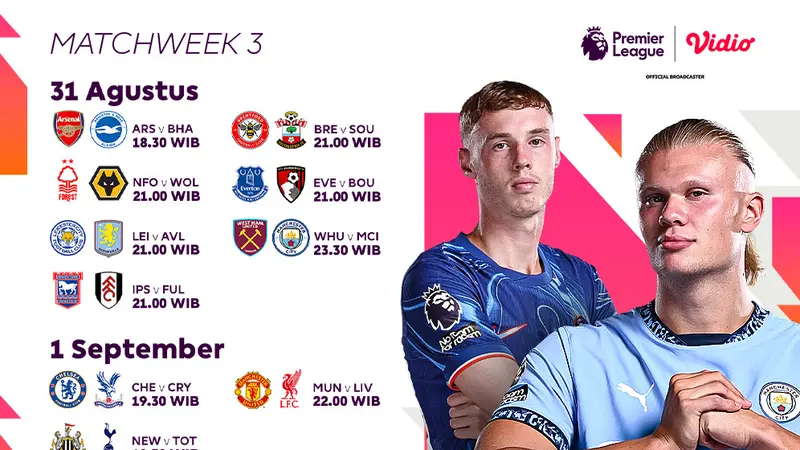 Jadwal Liga Inggris 2024/25 Matchweek 3 di Vidio