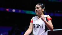 Aksi tunggal putri Indonesia, Gregoria Mariska Tunjung, saat mengalahkan pemain Thailand, Ratchanok Intanon, pada perempat final Piala Uber 2024 di Chengdu Hi Tech Zone Sports Centre Gymnasium, Senin (29/4/2024) siang WIB. (Bola.com/PBSI)