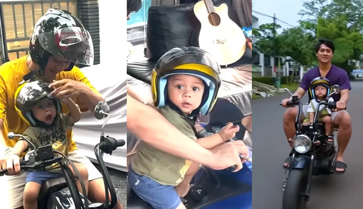 Potret Rizky Bilar  dan Baby L atau Abang L saat naik  motor mengenakan helm. Penampilan anak pertama Lesty Kejora dan Rizky Billar itu menarik perhatian warganet. [Youtube/Leslar Entertainment]