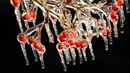 Es menggantung di buah yang membeku saat badai musim dingin di West Orange, New Jersey (18/12/2019). Suhu dingin tersebut diharapkan turun pada Kamis pagi. (Rick Loomis/Getty Images/AFP)